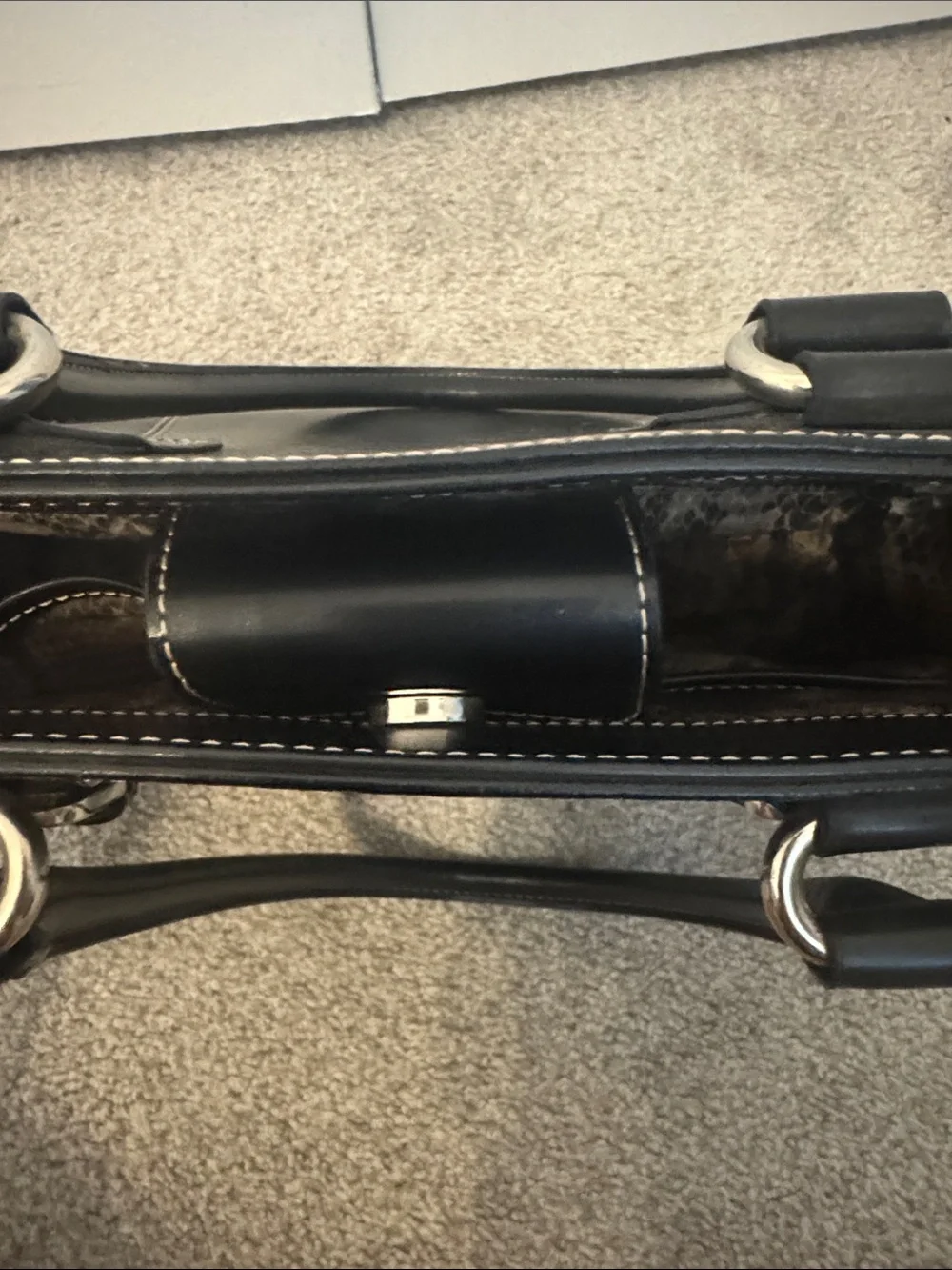 Wilsons Black Leather Tote with Snake-Print Interior